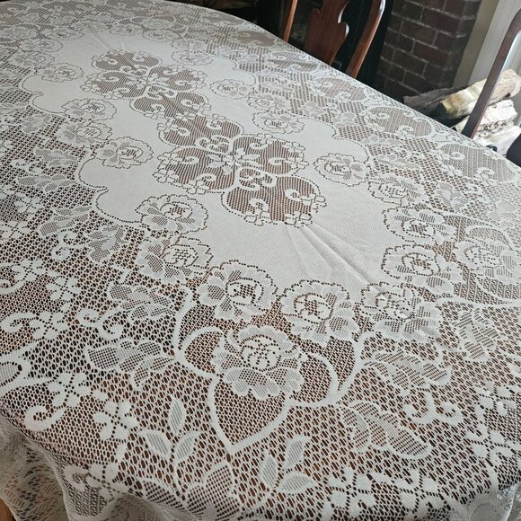 Unbranded Other - Vintage Cream Floral Lace Tablecloth Rectangle 60 X 96 Cottagecore Open Work